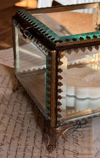 Antique French Beveled Glass Casket with Gilt Mounts and Claw Feet