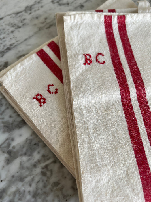 French Linen Towels with Red Stripe "BC"