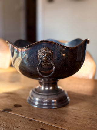 Antique Silverplate over Copper Lion Head Jardinière Bowl on Pedestal