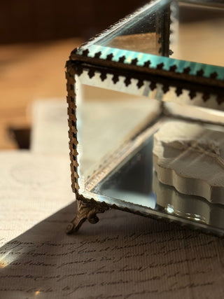 Antique French Beveled Glass Casket with Gilt Mounts and Claw Feet