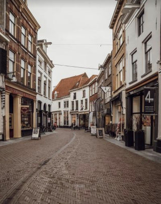 A narrow cobblestone street lined with old European-style buildings and storefronts under an overcast sky.