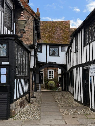 A narrow historic street between black-and-white timber-framed buildings, with a stone path leading under a dark archway toward a brick building with a mossy brown roof under a blue sky.