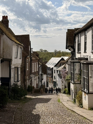 A scenic view of a narrow cobblestone street in a historic village, lined with white and brown timber houses under a cloudy sky. A few small people are walking in the distance.