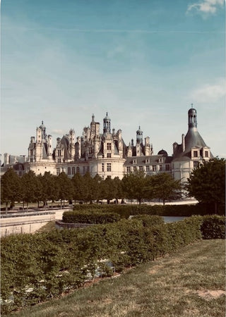A scenic photograph of a large historic château with ornate towers, set behind rows of green trees and manicured hedges under a pale blue sky.
