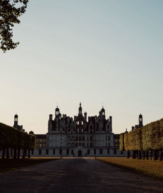 A scenic photograph of a grand chateau with a symmetrical path leading up the center, flanked by tall trimmed hedges under a pale sky.