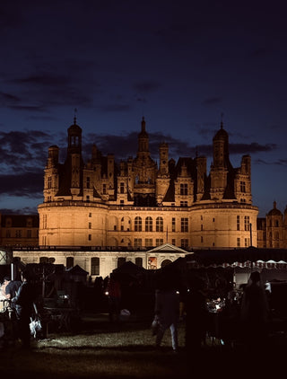 Chambord castle illuminated at night in France, with a dark blue evening sky and silhouetted people in the foreground.