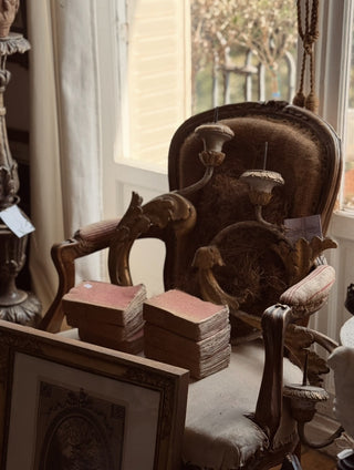 An ornate antique-style upholstered armchair in a sunlit room, with two stacked vintage books on the seat and a framed artwork partially visible in the foreground.