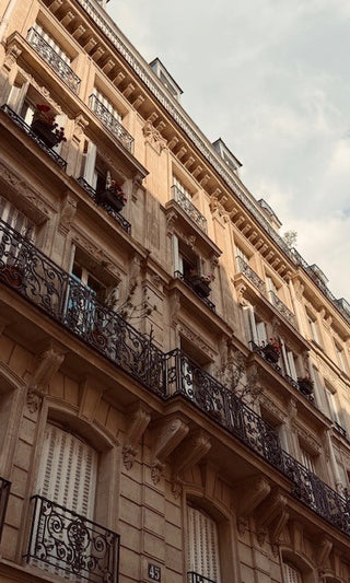 A low-angle photograph of a classic Parisian-style stone building facade with ornate black wrought-iron balconies, shuttered windows, and potted plants under a cloudy sky.