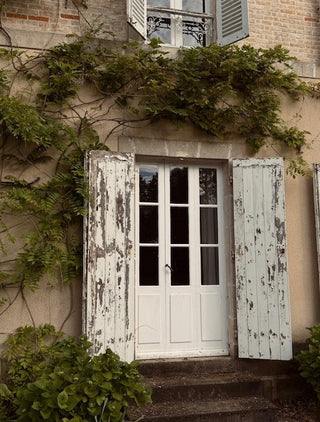 A white double door with tall glass panes set in a rustic stone wall, flanked by weathered white shutters and covered with climbing green vines.